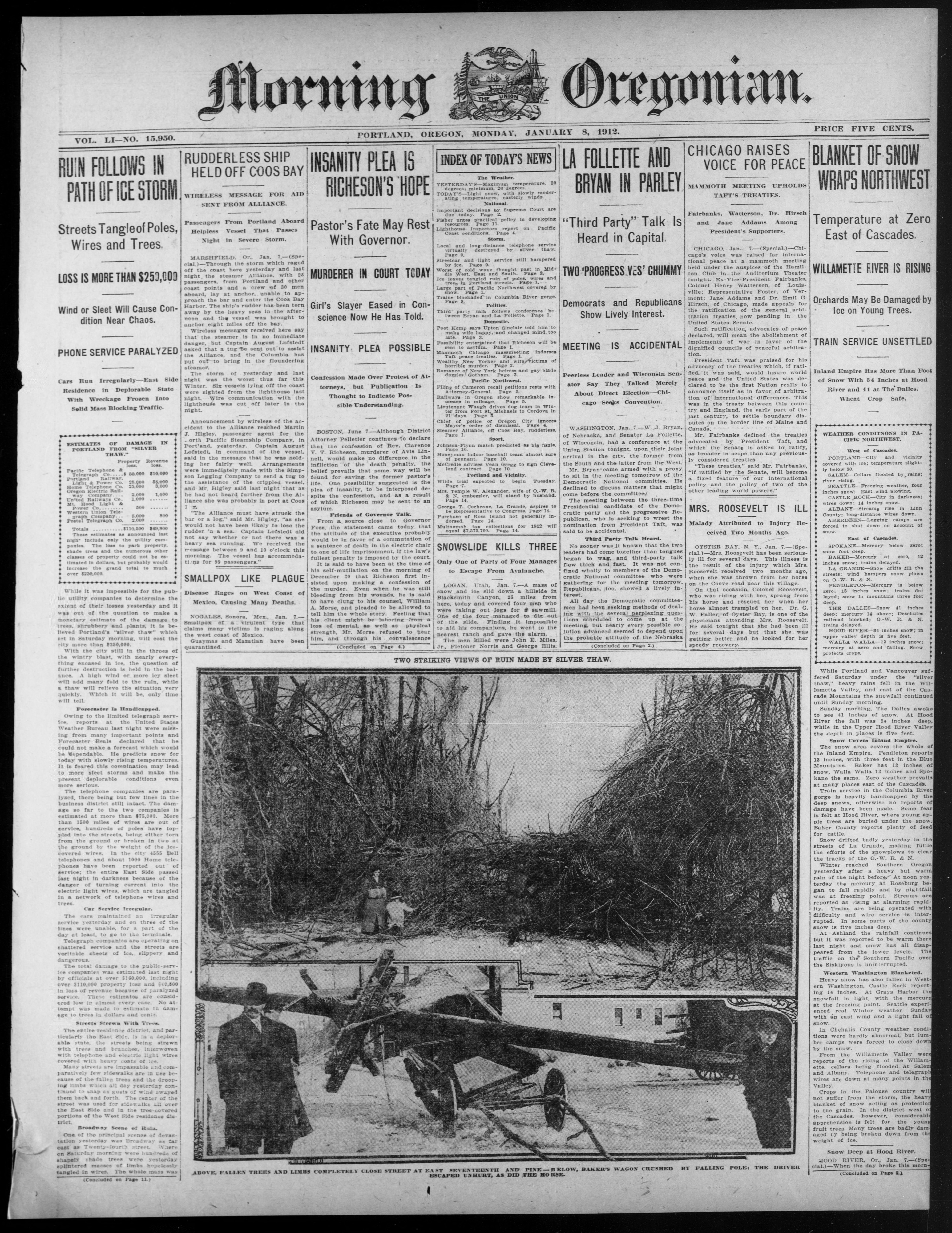 Morning Oregonian Newspaper: Ruin Follows in the Path of Ice Storm